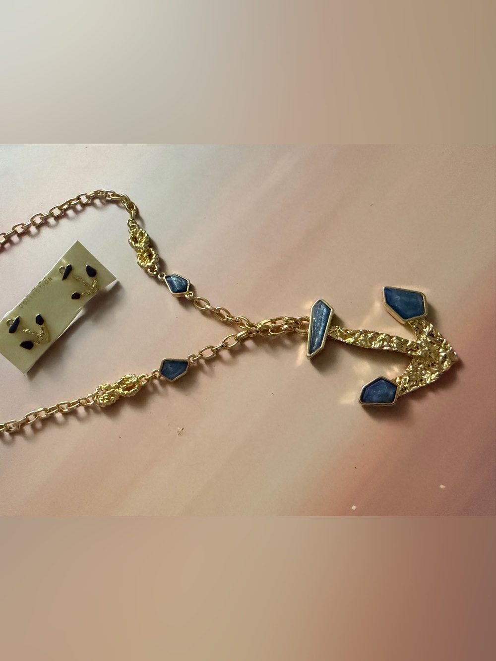 Vintage Boho Boat Anchor Sailing Large Charm Golden and Blue Necklace & Earrings